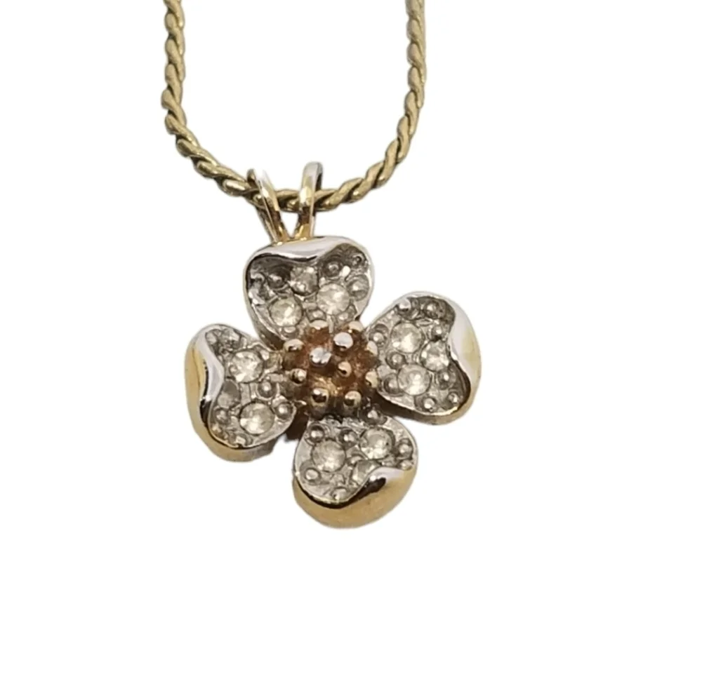 CROWN TRIFARI RARE 1955 GOLDTONE ROPE CHAIN & CRYSTAL FLOWER PENDANT NECKLACE